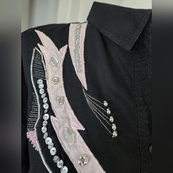 Vtg Gitano Western Button Up Collar Black Pink Bling Seqin Bead Satin Sz L - Picture 7 of 14